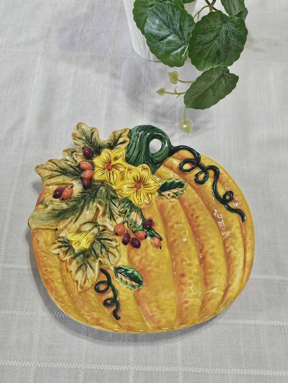 Fall Pumpkin Ceramic Decorative Tray Autumn Leaves Flowers Berries